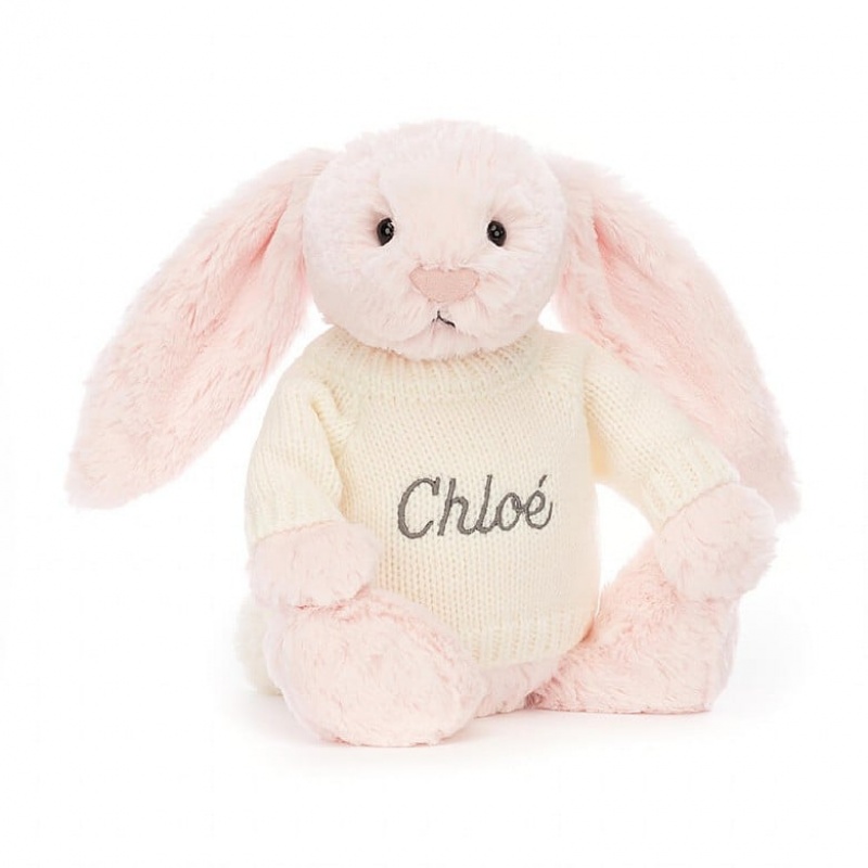 Jellycat Bashful Pink Bunny with Personalised Cream Jumper Medium | QYUJG2605