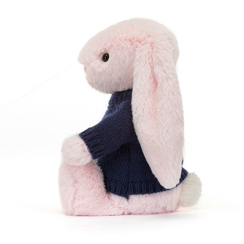 Jellycat Bashful Pink Bunny with Personalised Navy Jumper Medium | VQCEP5283