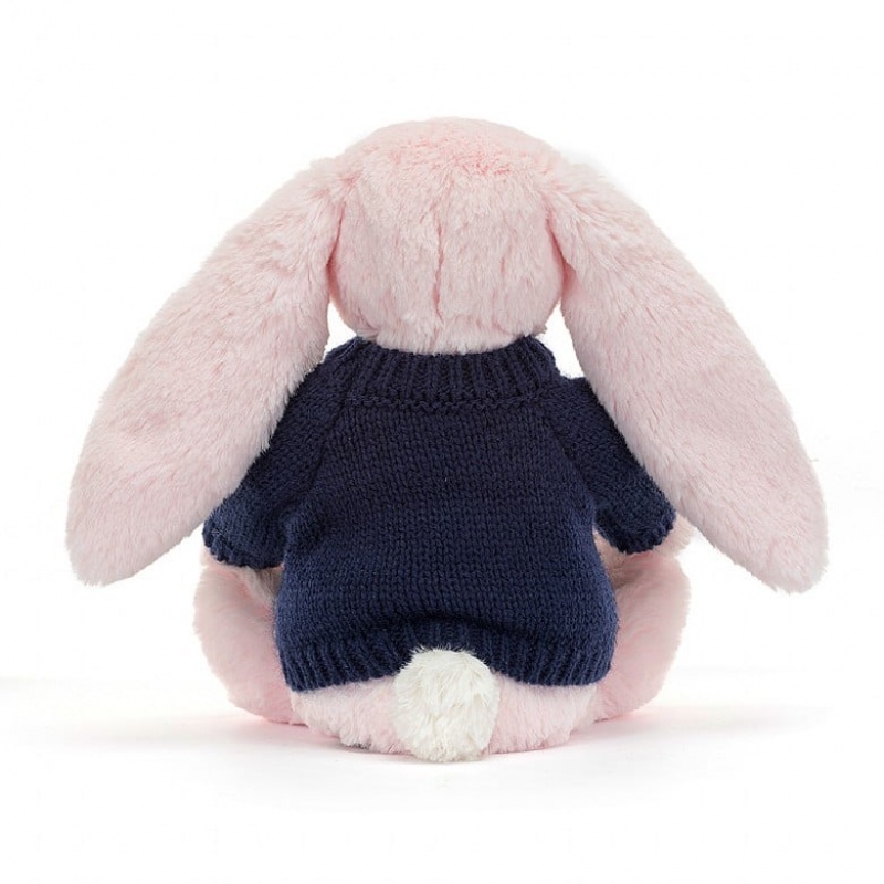 Jellycat Bashful Pink Bunny with Personalised Navy Jumper Medium | VQCEP5283