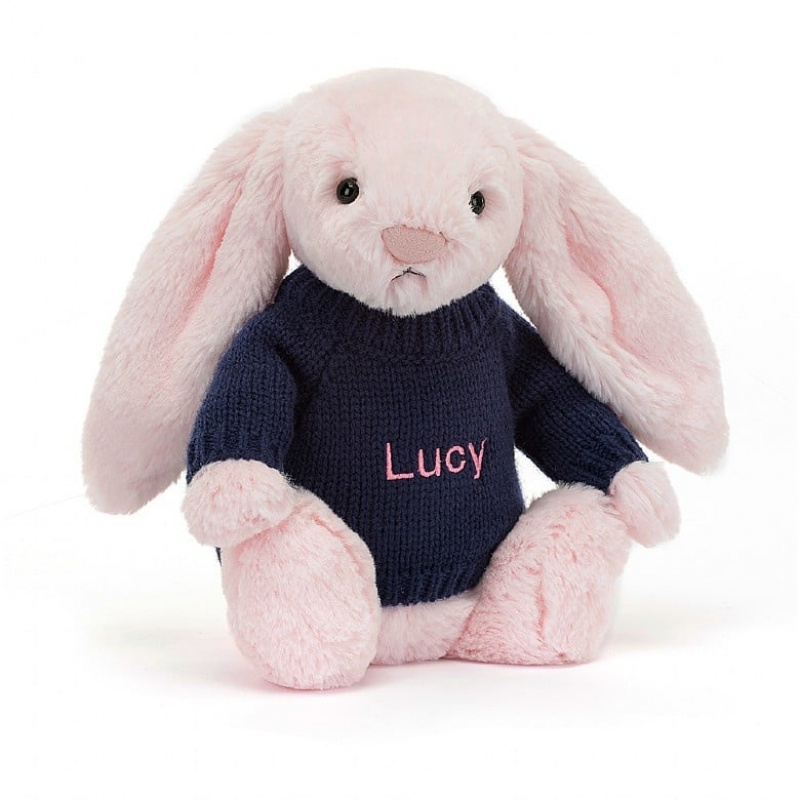 Jellycat Bashful Pink Bunny with Personalised Navy Jumper Medium | VQCEP5283