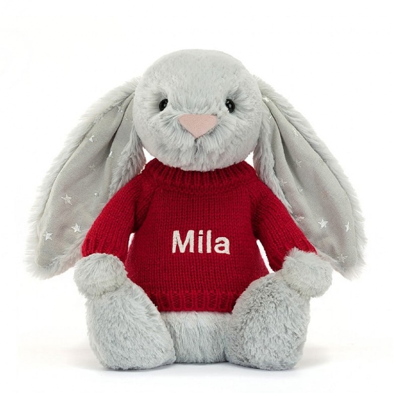 Jellycat Bashful Shimmer Bunny with Personalised Red Jumper Medium | BSCGI5083