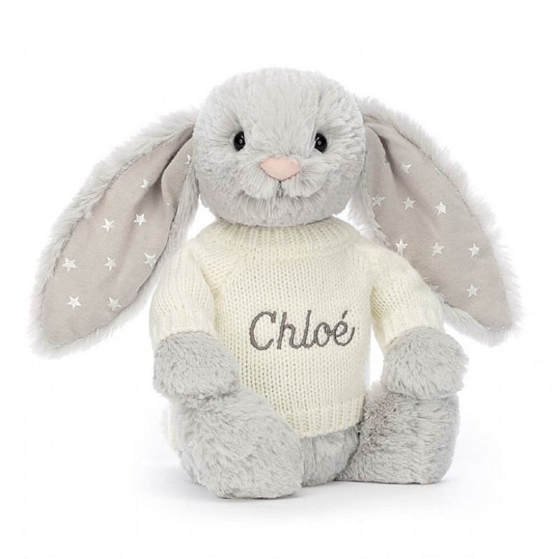 Jellycat Bashful Shimmer Bunny with Personalised Cream Jumper Medium | BQELH1352