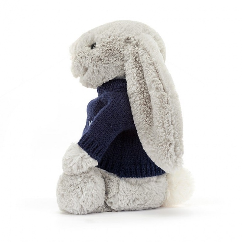 Jellycat Bashful Silver Bunny with Personalised Navy Jumper Medium | DCPJS4609