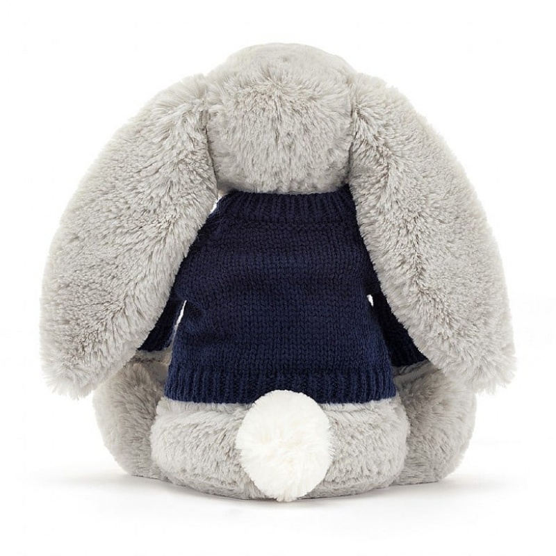 Jellycat Bashful Silver Bunny with Personalised Navy Jumper Medium | DCPJS4609