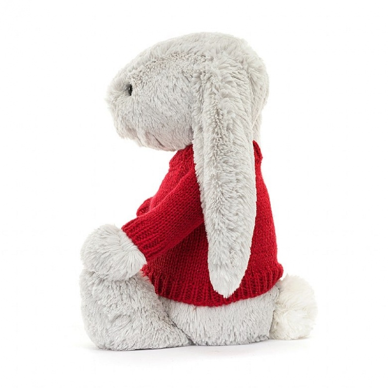 Jellycat Bashful Silver Bunny with Personalised Red Jumper Medium | MTJGW6029