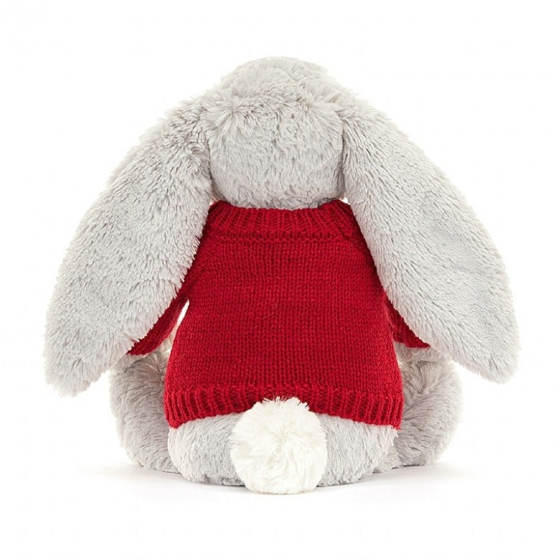 Jellycat Bashful Silver Bunny with Personalised Red Jumper Medium | MTJGW6029