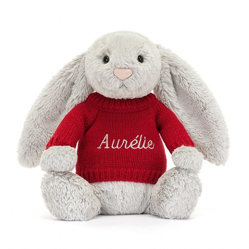 Jellycat Bashful Silver Bunny with Personalised Red Jumper Medium | MTJGW6029