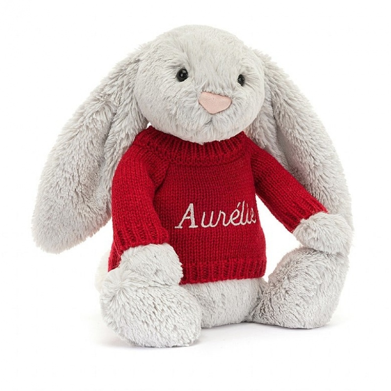 Jellycat Bashful Silver Bunny with Personalised Red Jumper Medium | MTJGW6029