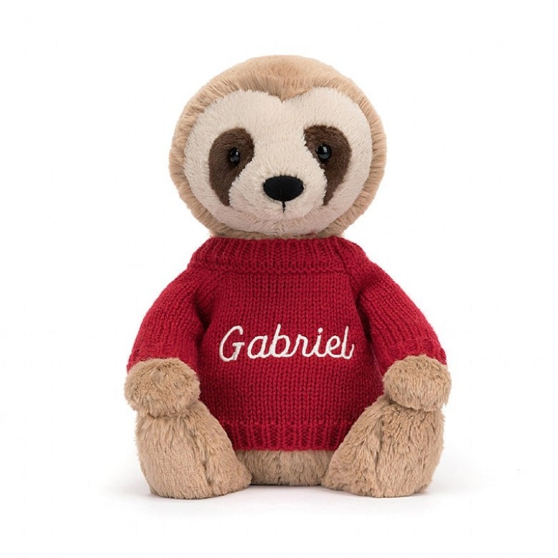 Jellycat Bashful Sloth with Personalised Red Jumper Medium | OJRMI1028