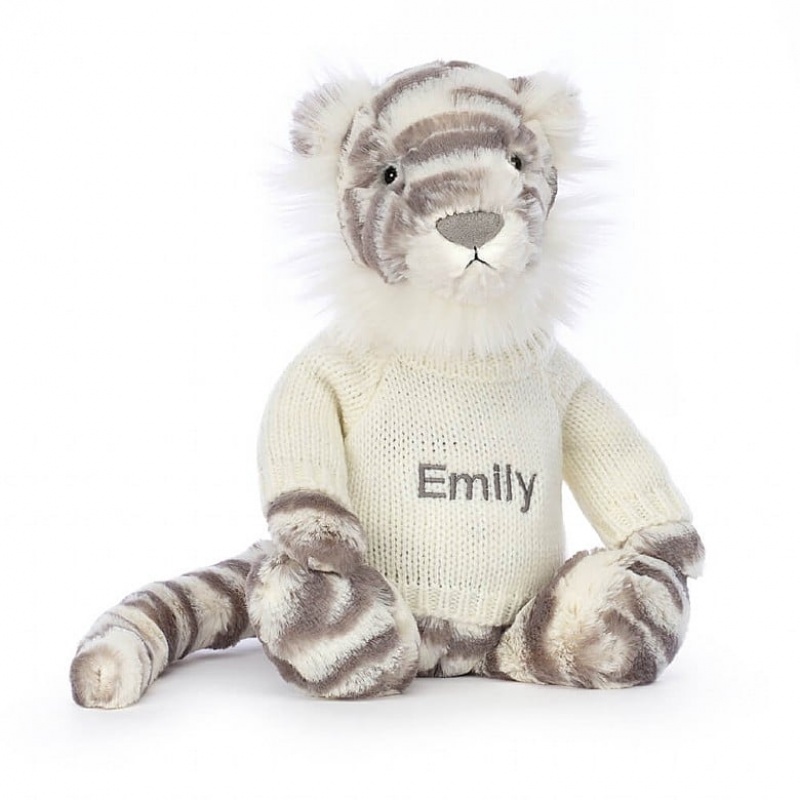 Jellycat Bashful Snow Tiger with Personalised Cream Jumper Medium | ESABZ4165