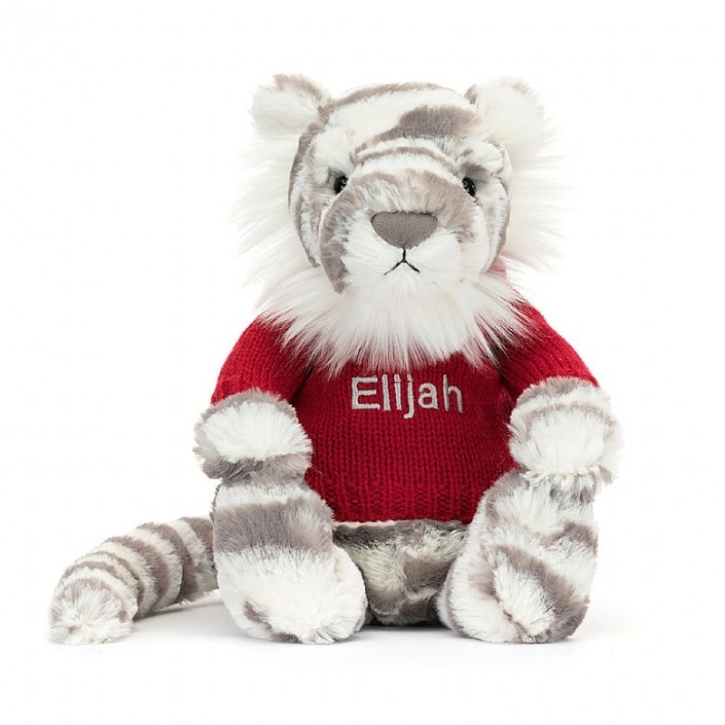 Jellycat Bashful Snow Tiger with Personalised Red Jumper Medium | YMGNW6930