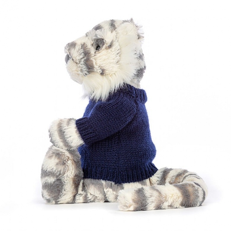 Jellycat Bashful Snow Tiger with Personalised Navy Jumper Medium | WXOPA5062