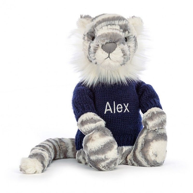 Jellycat Bashful Snow Tiger with Personalised Navy Jumper Medium | WXOPA5062