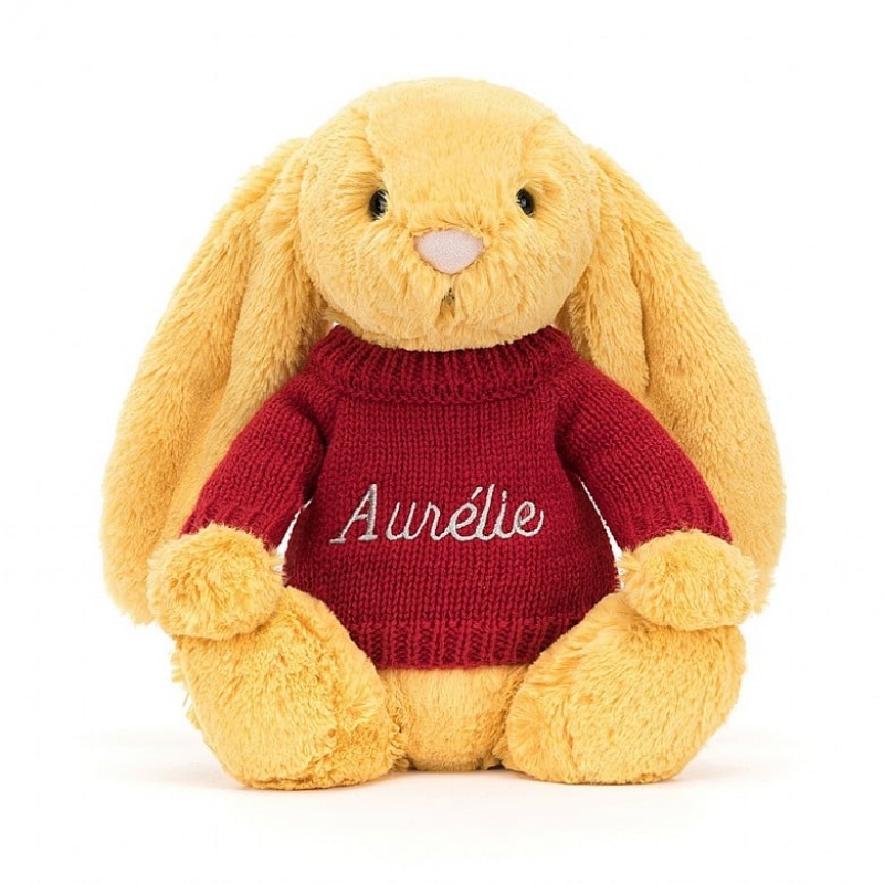 Jellycat Bashful Sunshine Bunny with Personalised Red Jumper Medium | LSXNP7396