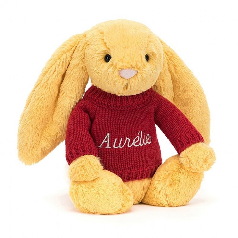 Jellycat Bashful Sunshine Bunny with Personalised Red Jumper Medium | LSXNP7396