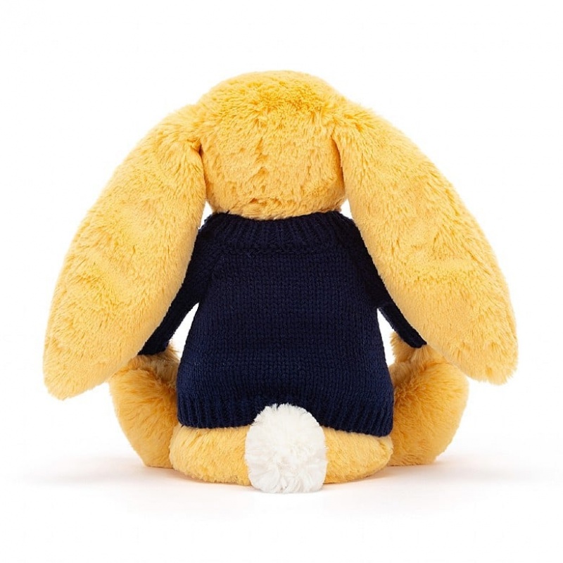 Jellycat Bashful Sunshine Bunny with Personalised Navy Jumper Medium | CLDQG2839