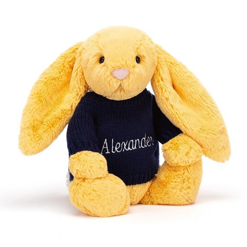 Jellycat Bashful Sunshine Bunny with Personalised Navy Jumper Medium | CLDQG2839