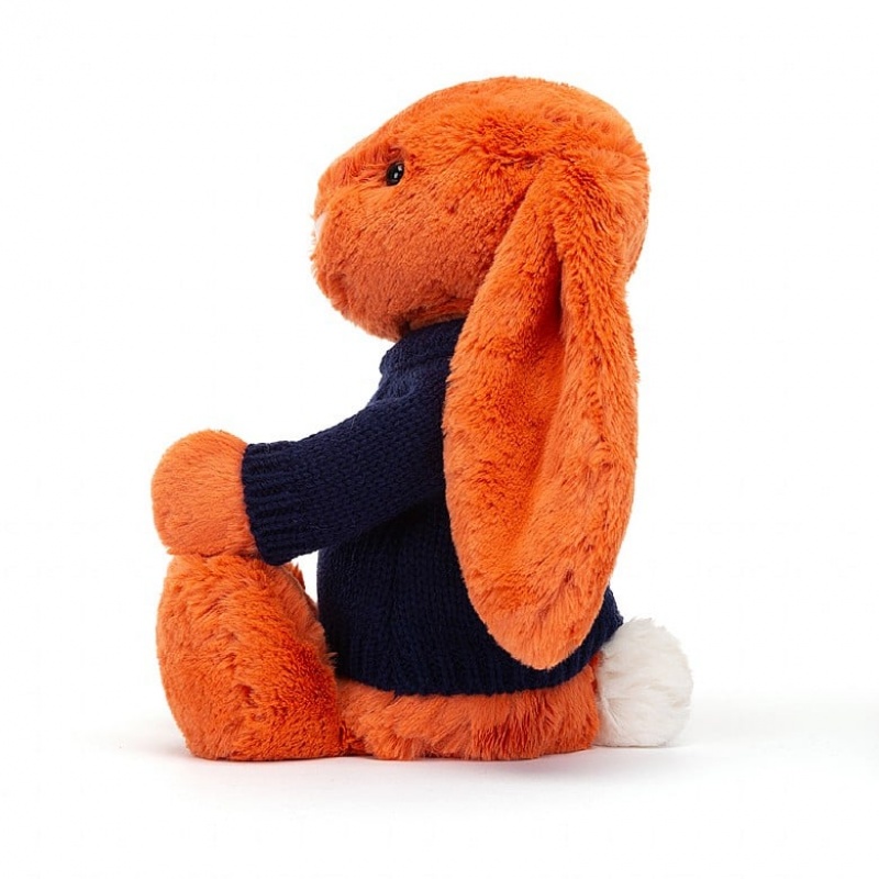 Jellycat Bashful Tangerine Bunny with Personalised Navy Jumper Medium | LMCRZ8056