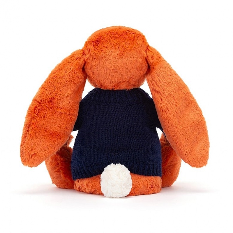 Jellycat Bashful Tangerine Bunny with Personalised Navy Jumper Medium | LMCRZ8056