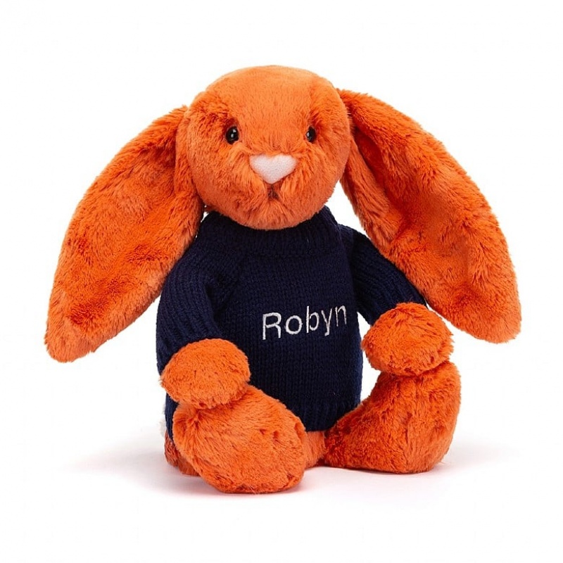 Jellycat Bashful Tangerine Bunny with Personalised Navy Jumper Medium | LMCRZ8056