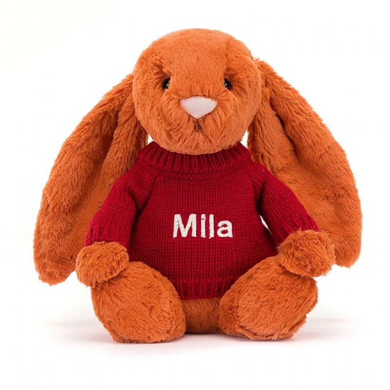 Jellycat Bashful Tangerine Bunny with Personalised Red Jumper Medium | VSWAX5078