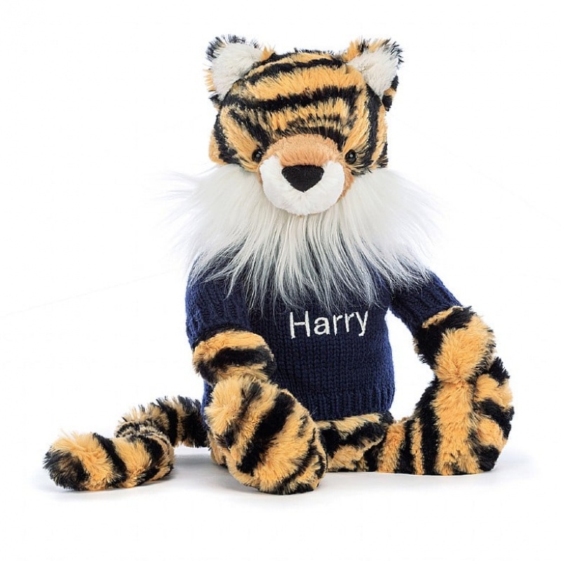 Jellycat Bashful Tiger with Personalised Navy Jumper Medium | ZCVWU0892