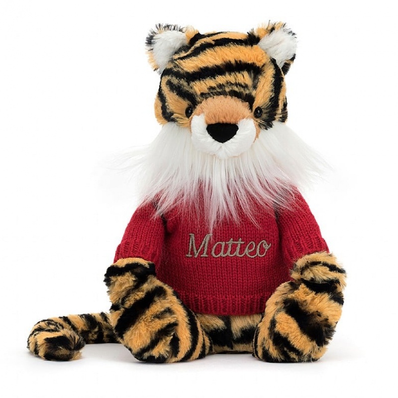 Jellycat Bashful Tiger with Personalised Red Jumper Medium | WVXJA4678