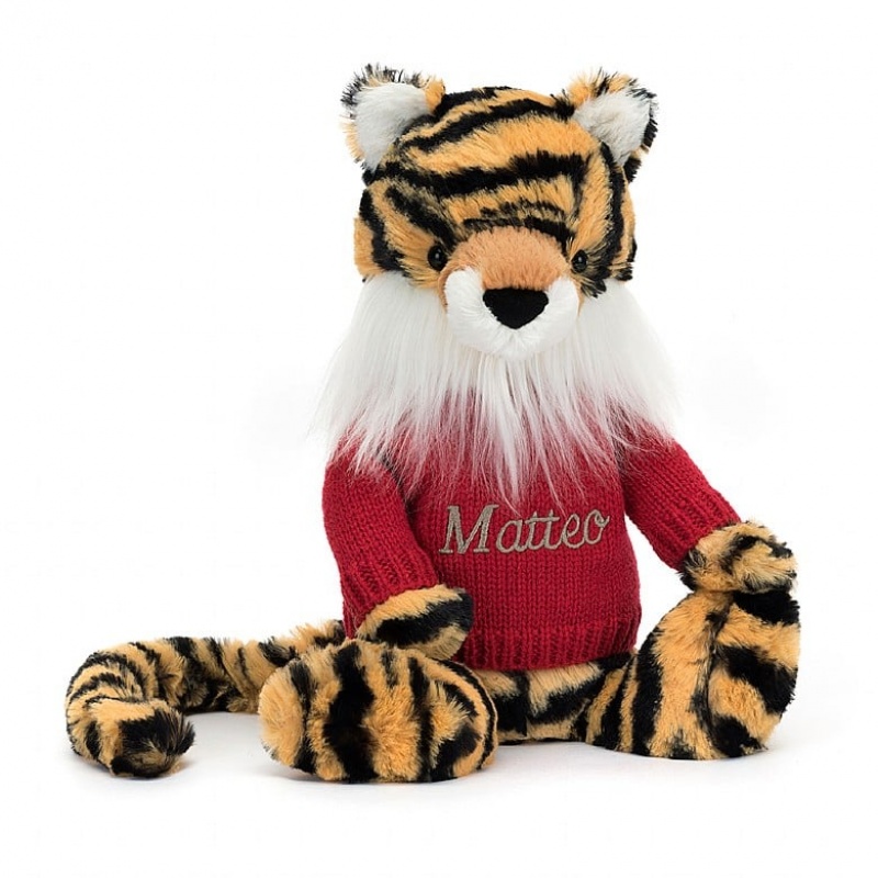 Jellycat Bashful Tiger with Personalised Red Jumper Medium | WVXJA4678