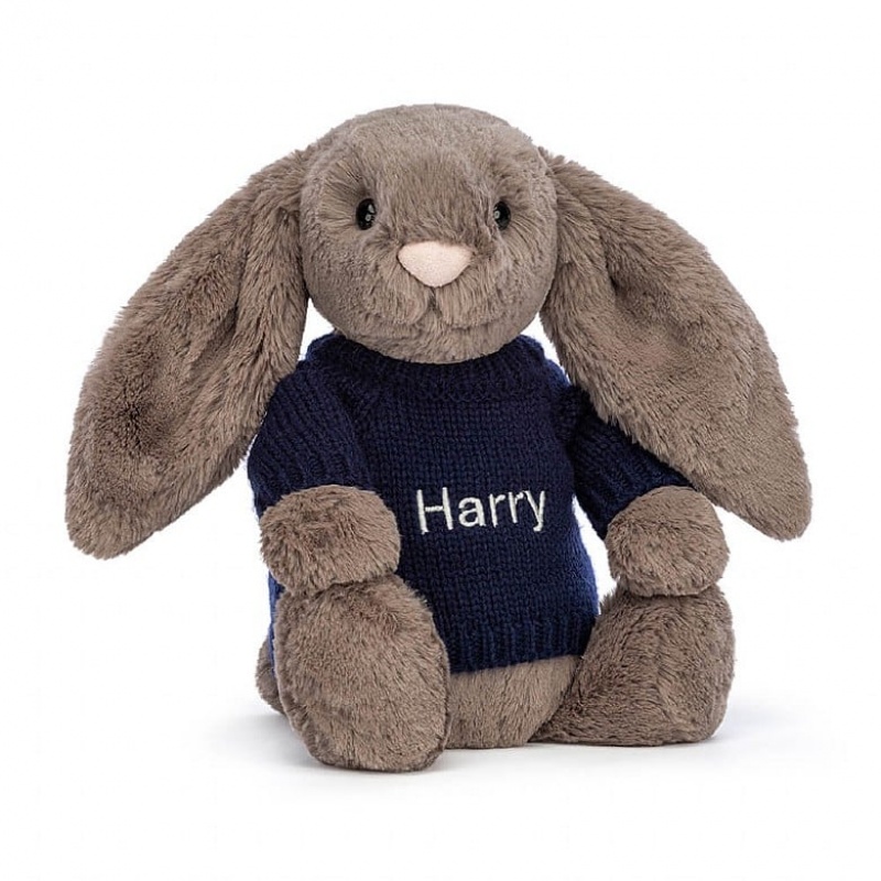 Jellycat Bashful Truffle Bunny with Personalised Navy Jumper Medium | NFTGA1345