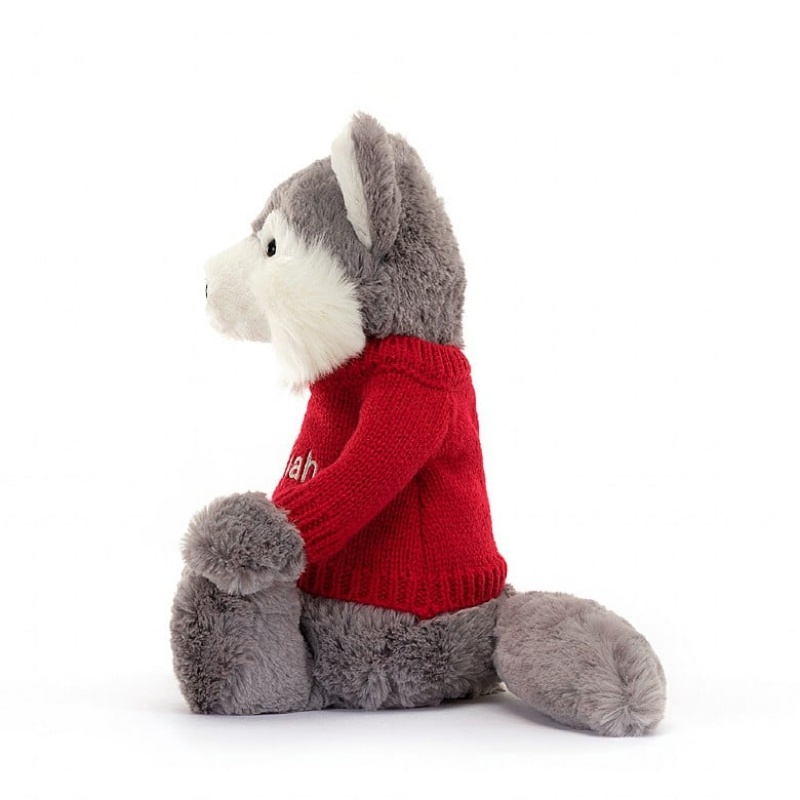 Jellycat Bashful Wolf with Personalised Red Jumper Medium | ANZQY8410