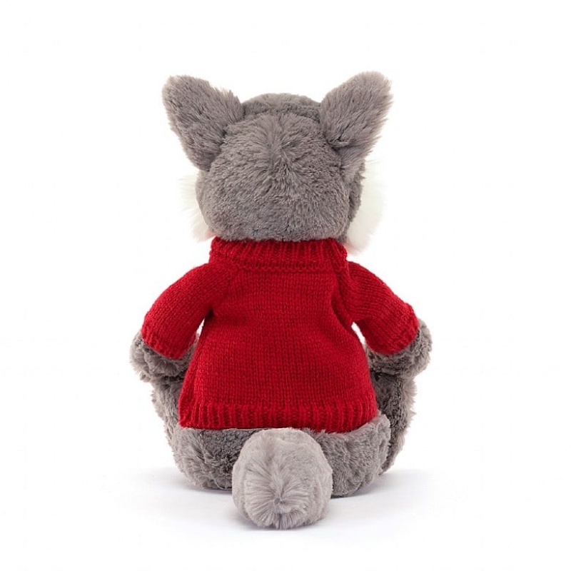 Jellycat Bashful Wolf with Personalised Red Jumper Medium | ANZQY8410