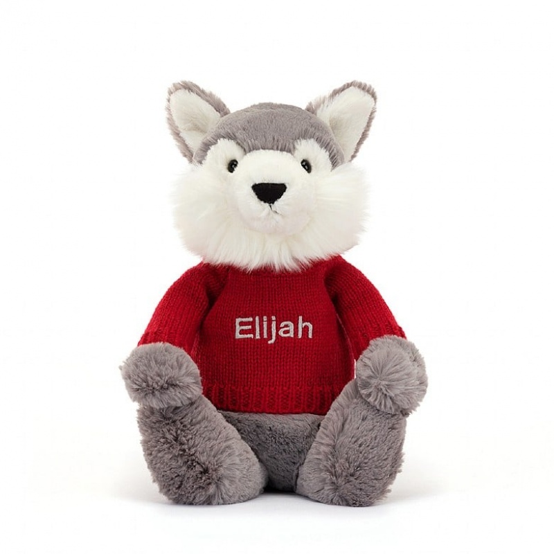 Jellycat Bashful Wolf with Personalised Red Jumper Medium | ANZQY8410