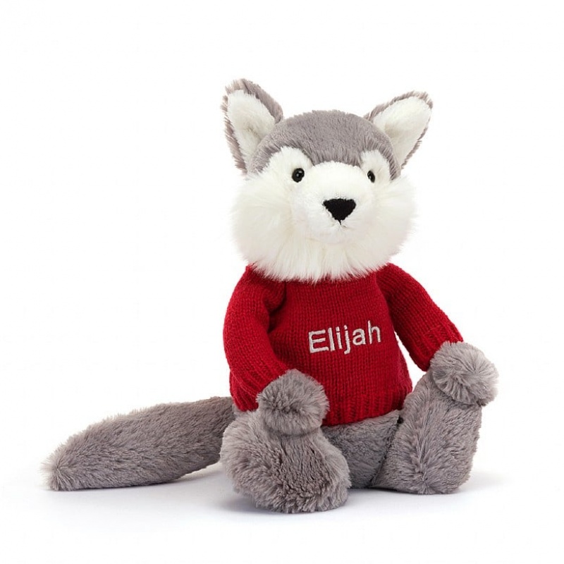 Jellycat Bashful Wolf with Personalised Red Jumper Medium | ANZQY8410