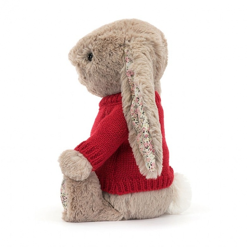 Jellycat Blossom Bea Beige Bunny with Personalised Red Jumper Medium | KPJLW0463