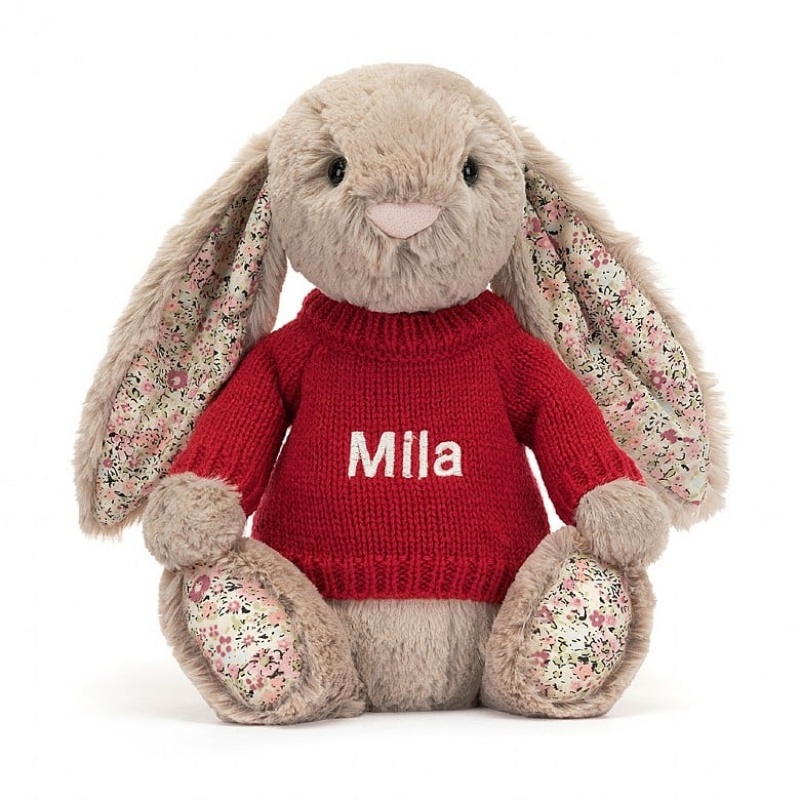 Jellycat Blossom Bea Beige Bunny with Personalised Red Jumper Medium | KPJLW0463