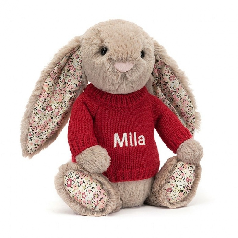 Jellycat Blossom Bea Beige Bunny with Personalised Red Jumper Medium | KPJLW0463