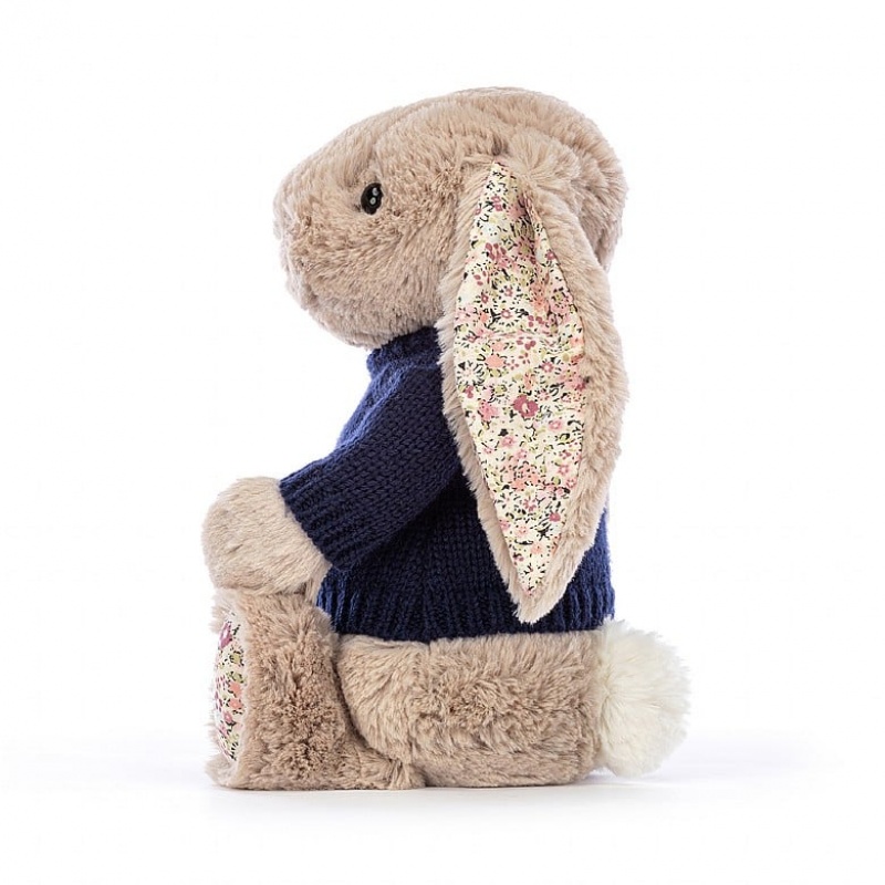 Jellycat Blossom Bea Beige Bunny with Personalised Navy Jumper Medium | OQBRE5923