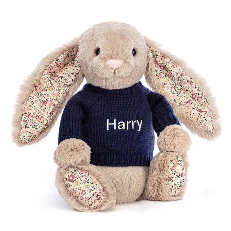 Jellycat Blossom Bea Beige Bunny with Personalised Navy Jumper Medium | OQBRE5923