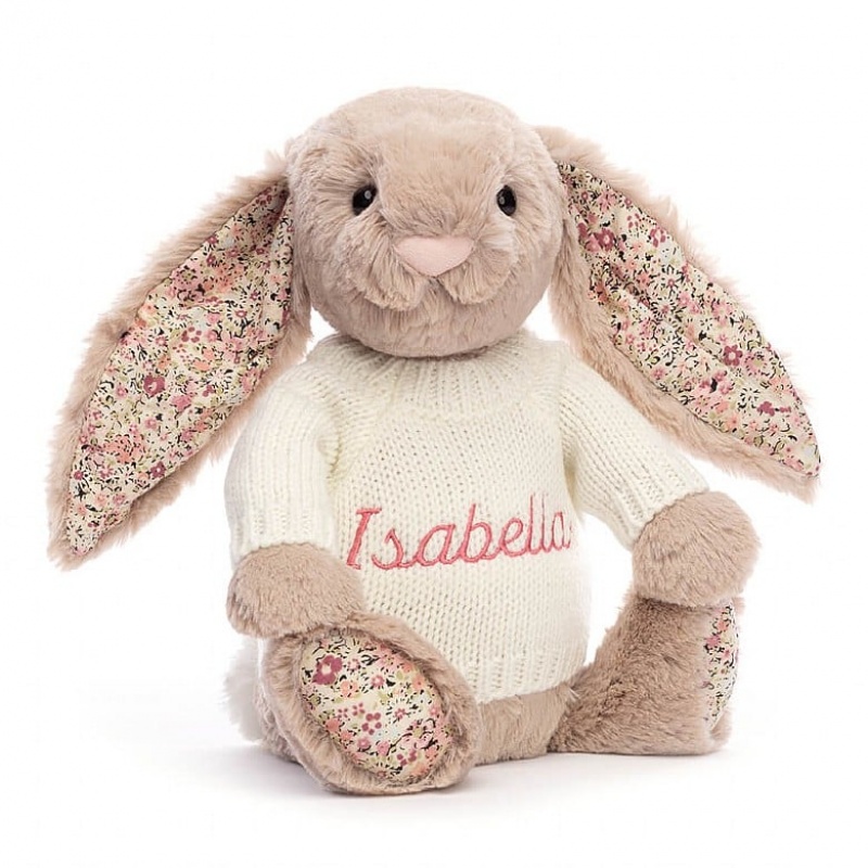 Jellycat Blossom Bea Beige Bunny with Personalised Cream Jumper Medium | ELIAY8591