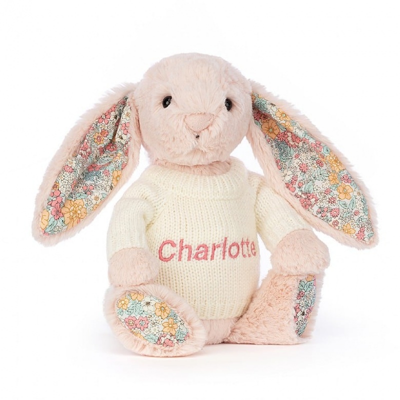 Jellycat Blossom Blush Bunny with Personalised Cream Jumper Medium | FCKDO8240