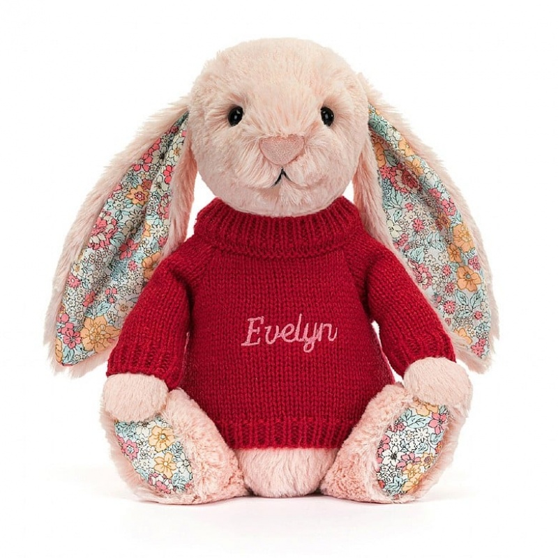 Jellycat Blossom Blush Bunny with Personalised Red Jumper Medium | GZJEI8792