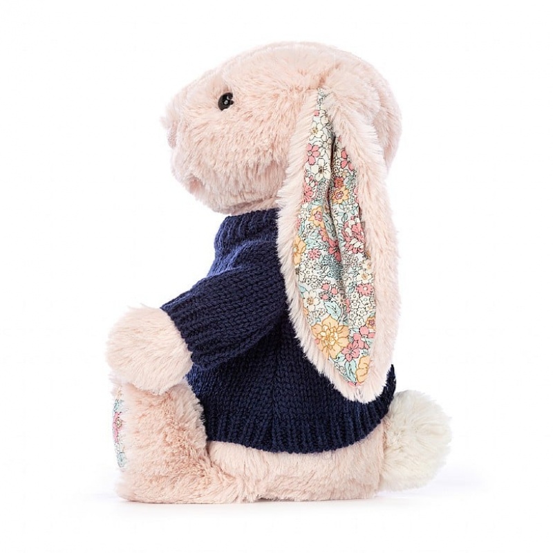 Jellycat Blossom Blush Bunny with Personalised Navy Jumper Medium | WDIFM0746