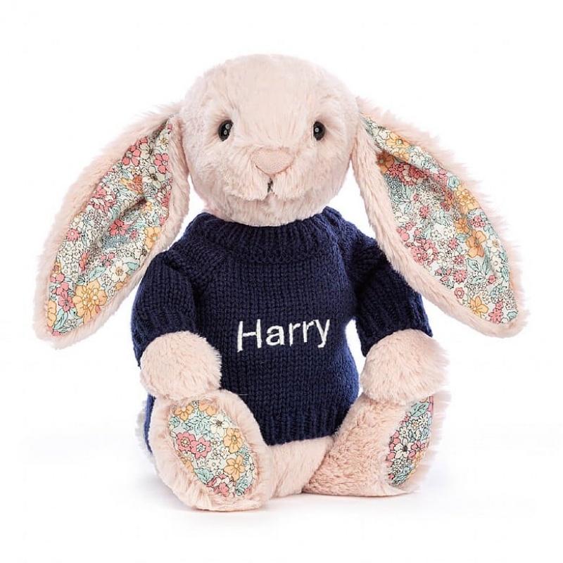 Jellycat Blossom Blush Bunny with Personalised Navy Jumper Medium | KBORW1873