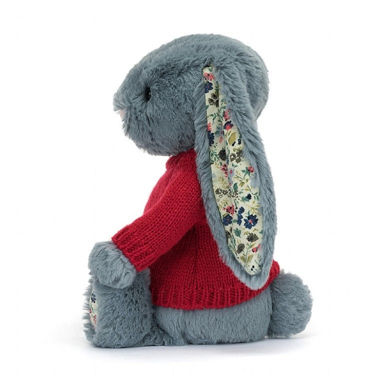 Jellycat Blossom Dusky Blue Bunny with Personalised Red Jumper Medium | EBHNF3086