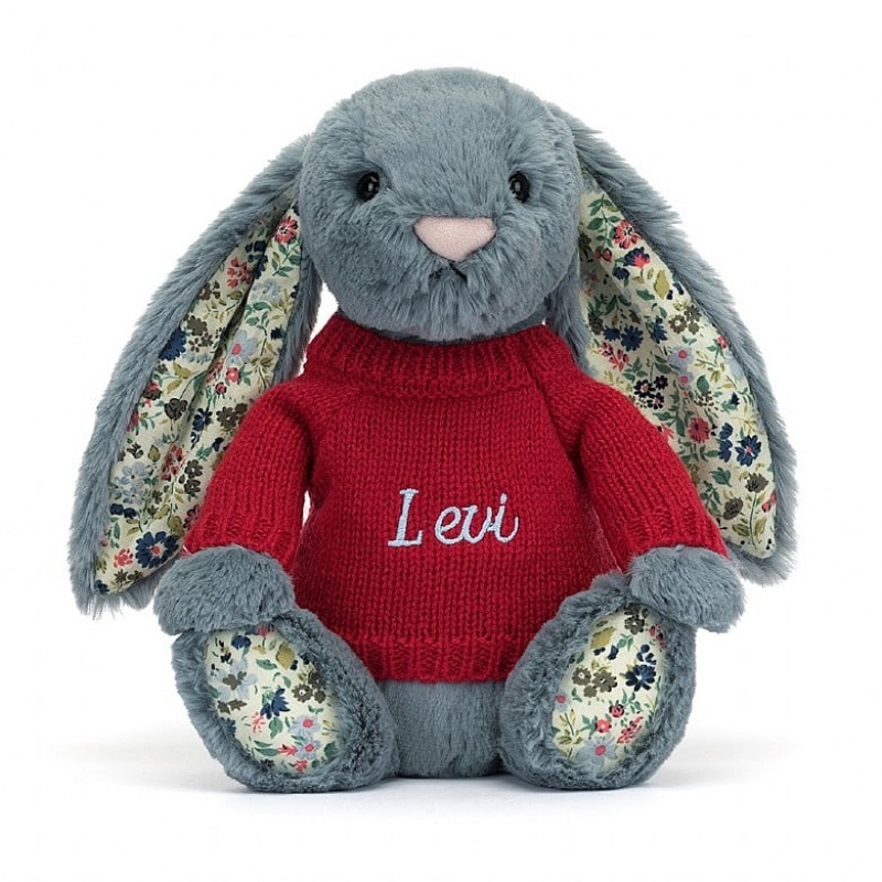 Jellycat Blossom Dusky Blue Bunny with Personalised Red Jumper Medium | EBHNF3086