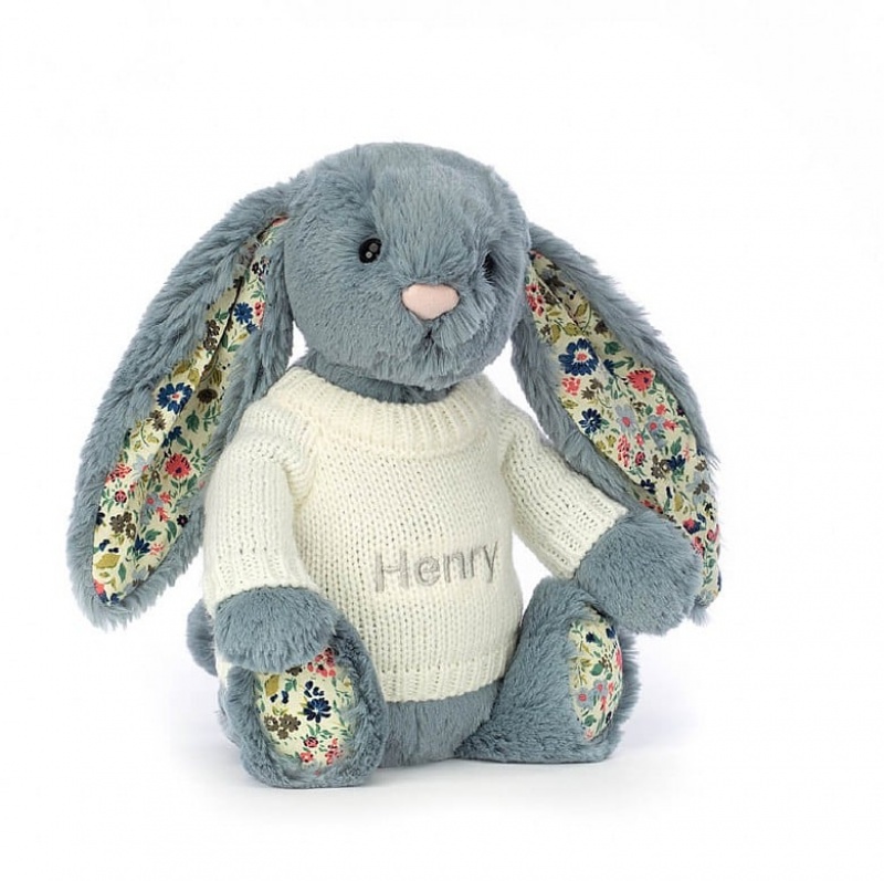 Jellycat Blossom Dusky Blue with Personalised Cream Jumper Medium | TAJYL1782