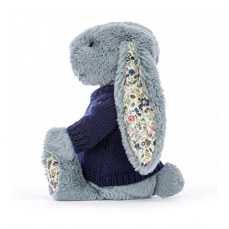 Jellycat Blossom Dusky Blue with Personalised Navy Jumper Medium | BUCRH9082